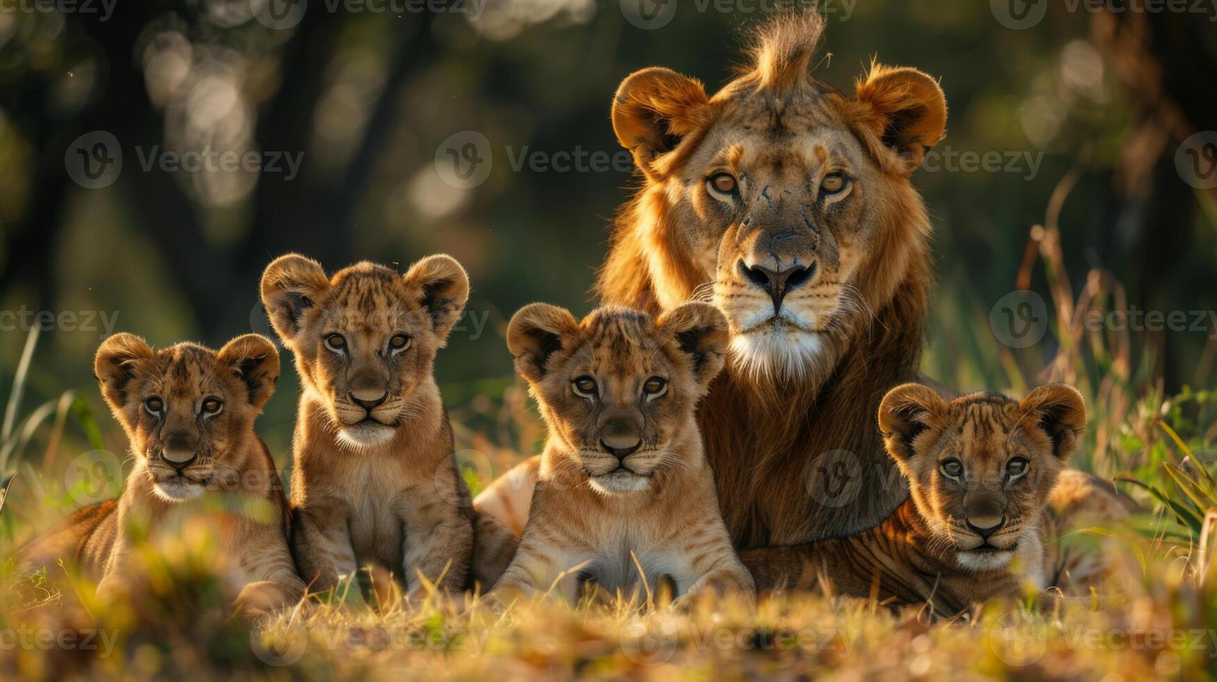 A majestic lion with four adorable cubs resting together in the savanna, depicting family and wildlife in nature. photo