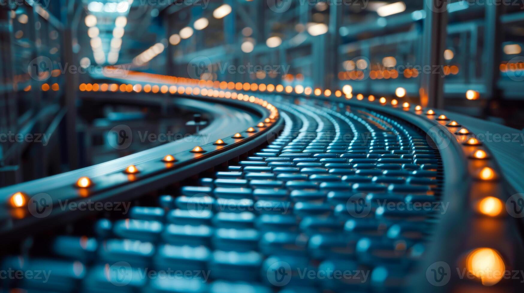 Close-up view of a conveyor belt in a factory, illuminated by lights, representing industrial automation and manufacturing efficiency. photo