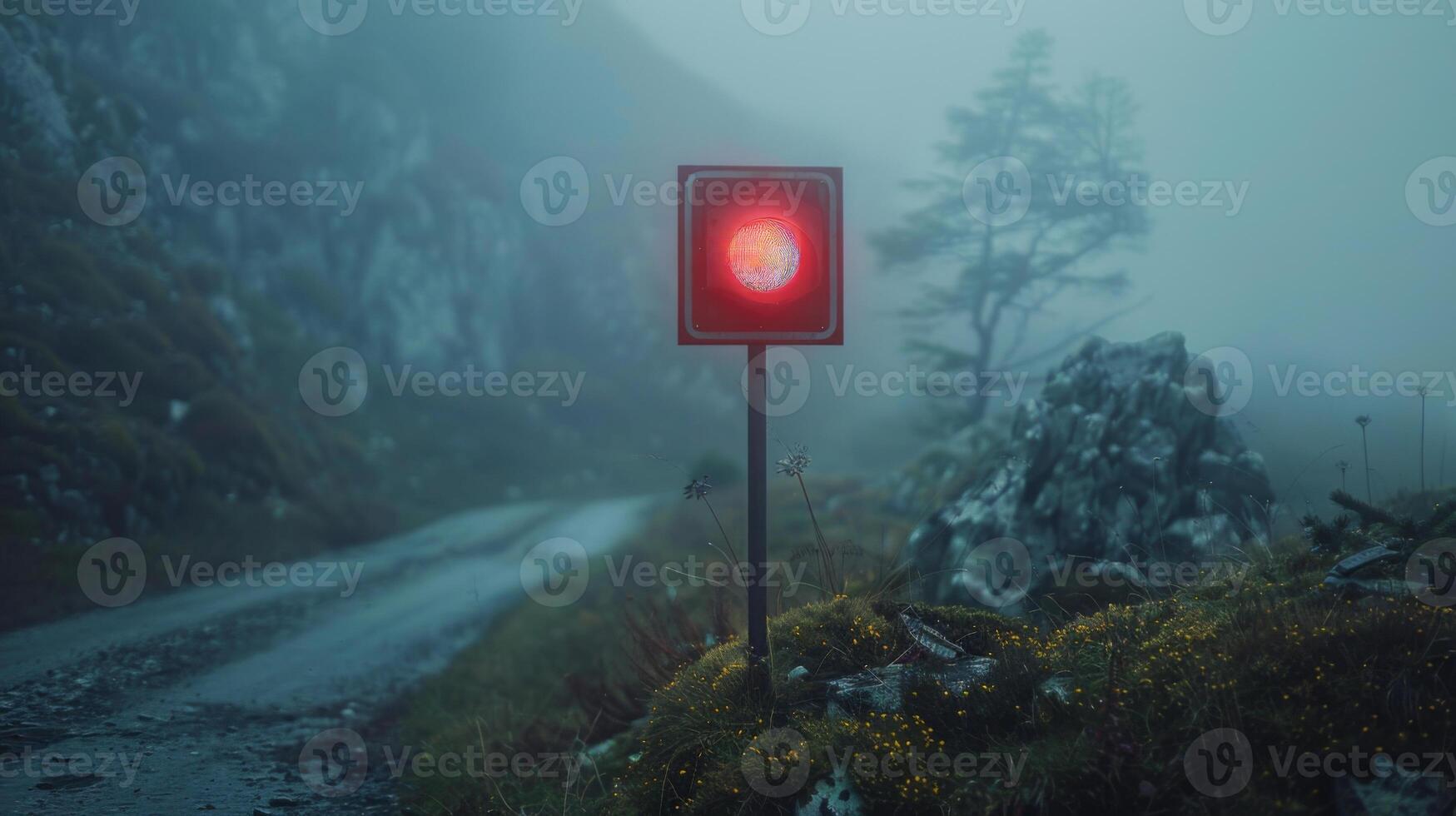 A lone red stoplight illuminates a foggy mountain road, creating a haunting, mysterious atmosphere. photo