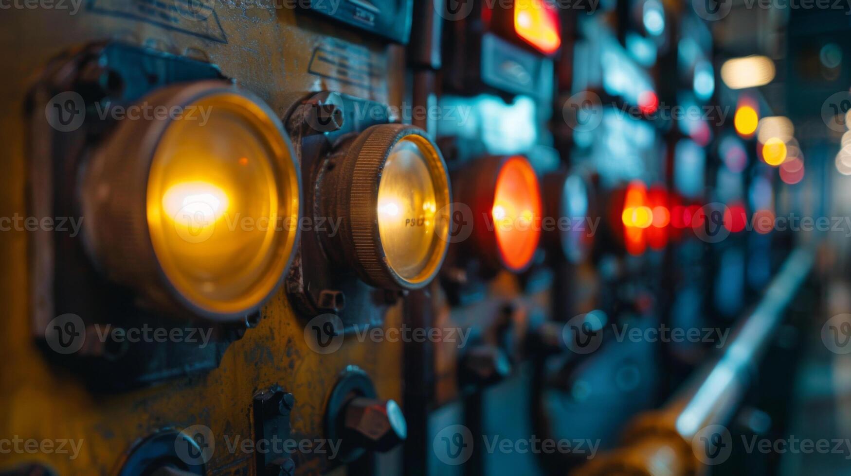 Close-up of an industrial control panel with illuminated buttons and switches, displaying various lights and controls. photo