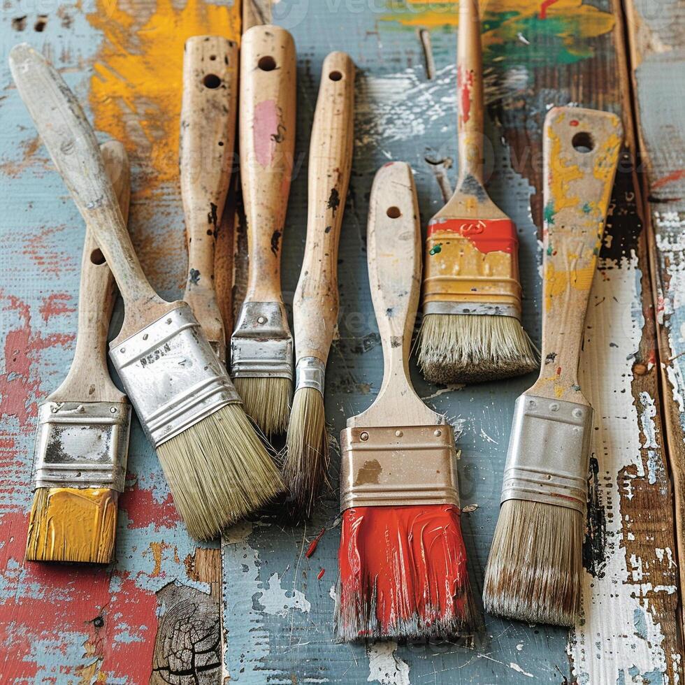 A collection of used paint brushes with various paint marks on a rustic, colorful wooden surface. photo