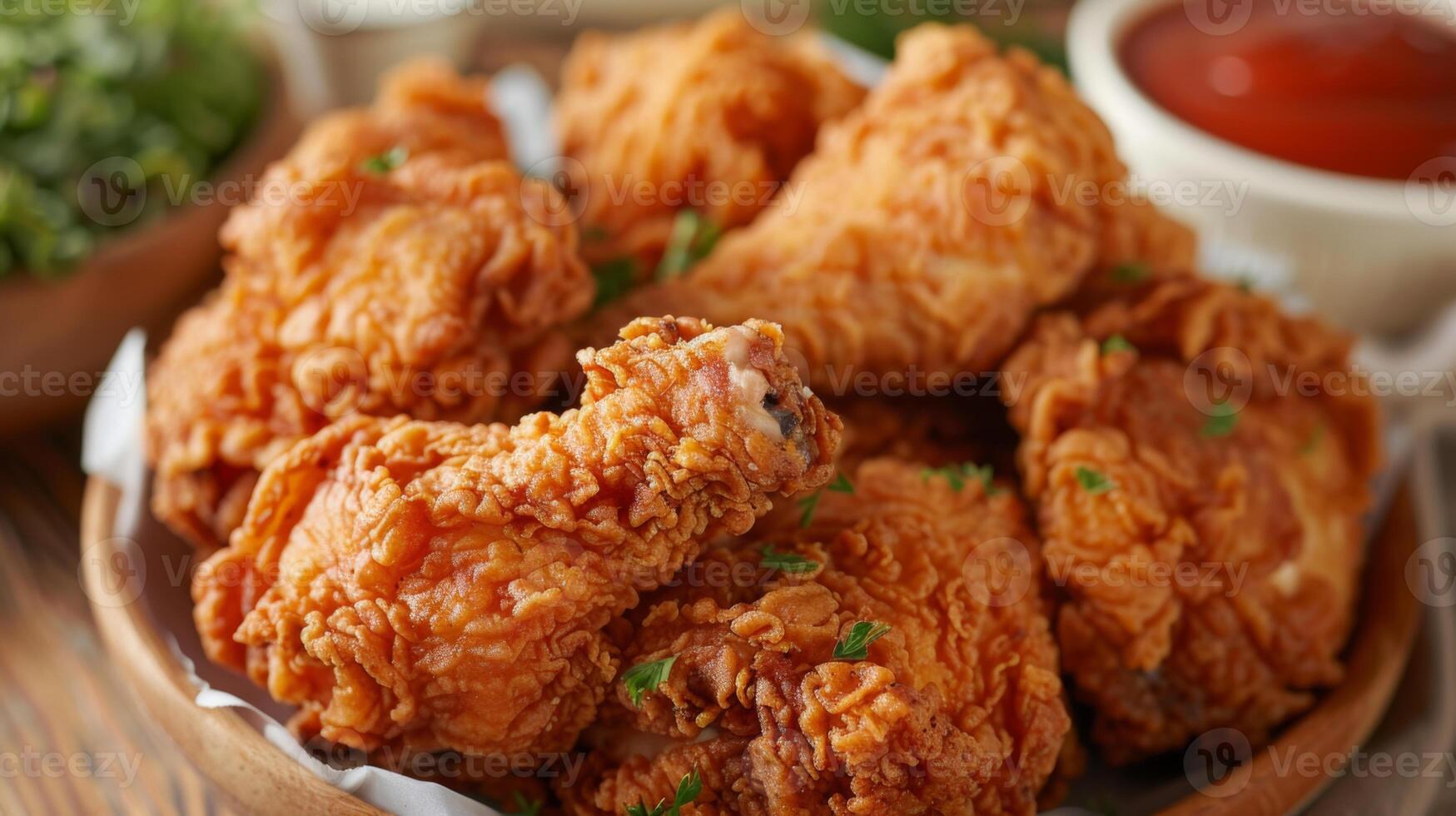 A delicious serving of crispy fried chicken pieces garnished with herbs, served on a platter. photo