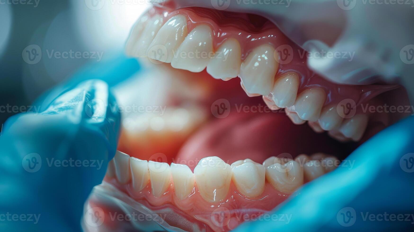 Detailed close-up of a dental examination showing clean teeth and professional dental tools in a medical setting. photo