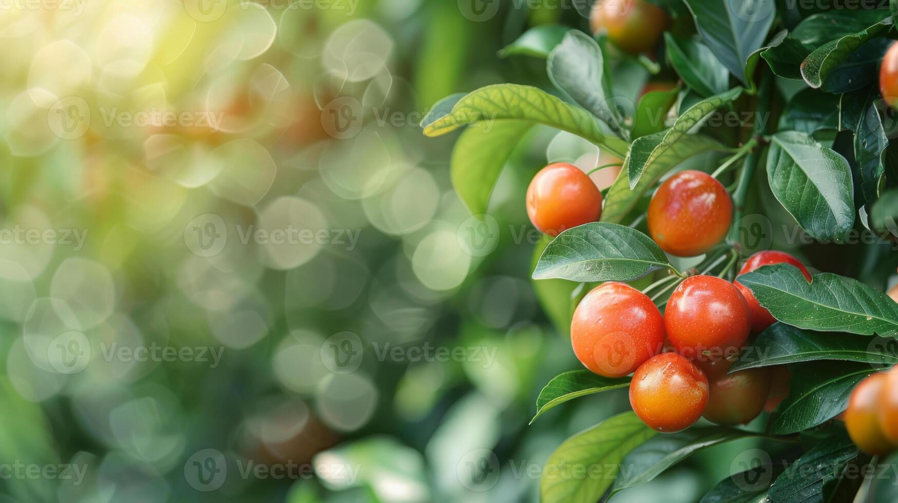 Close-up of ripe, red fruits on a tree branch with a blurred green background, highlighting their freshness. photo