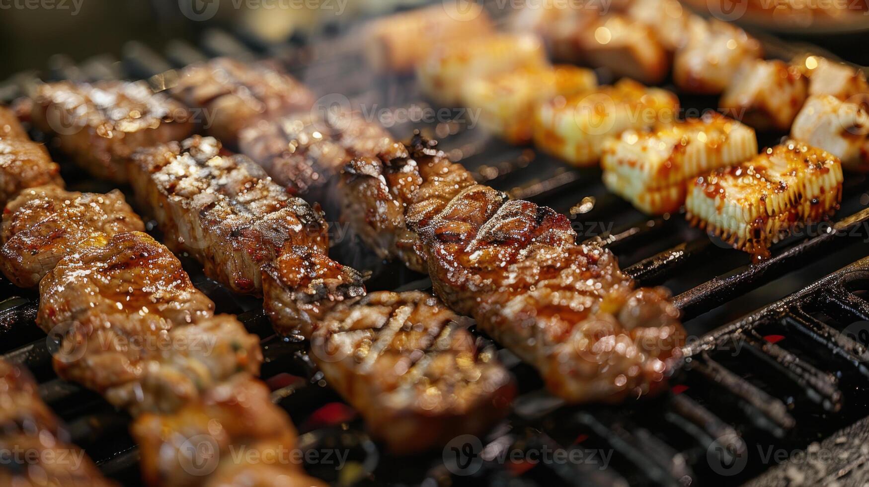 Close-up of juicy, grilled meats and corn cooking on a barbecue grill. photo