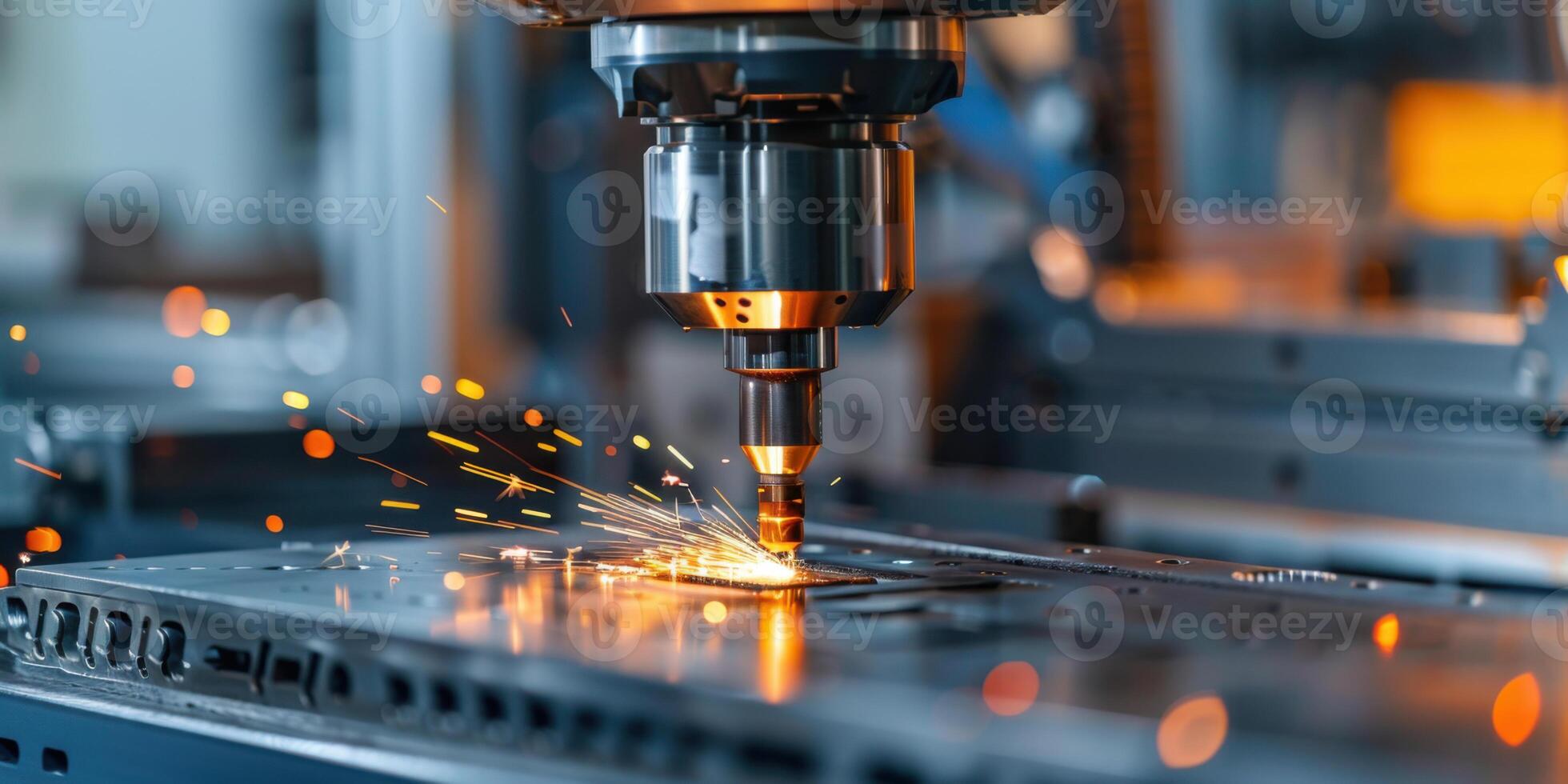 Close-up of a CNC machine tool operating with sparks flying, depicting precision engineering and industrial manufacturing. photo