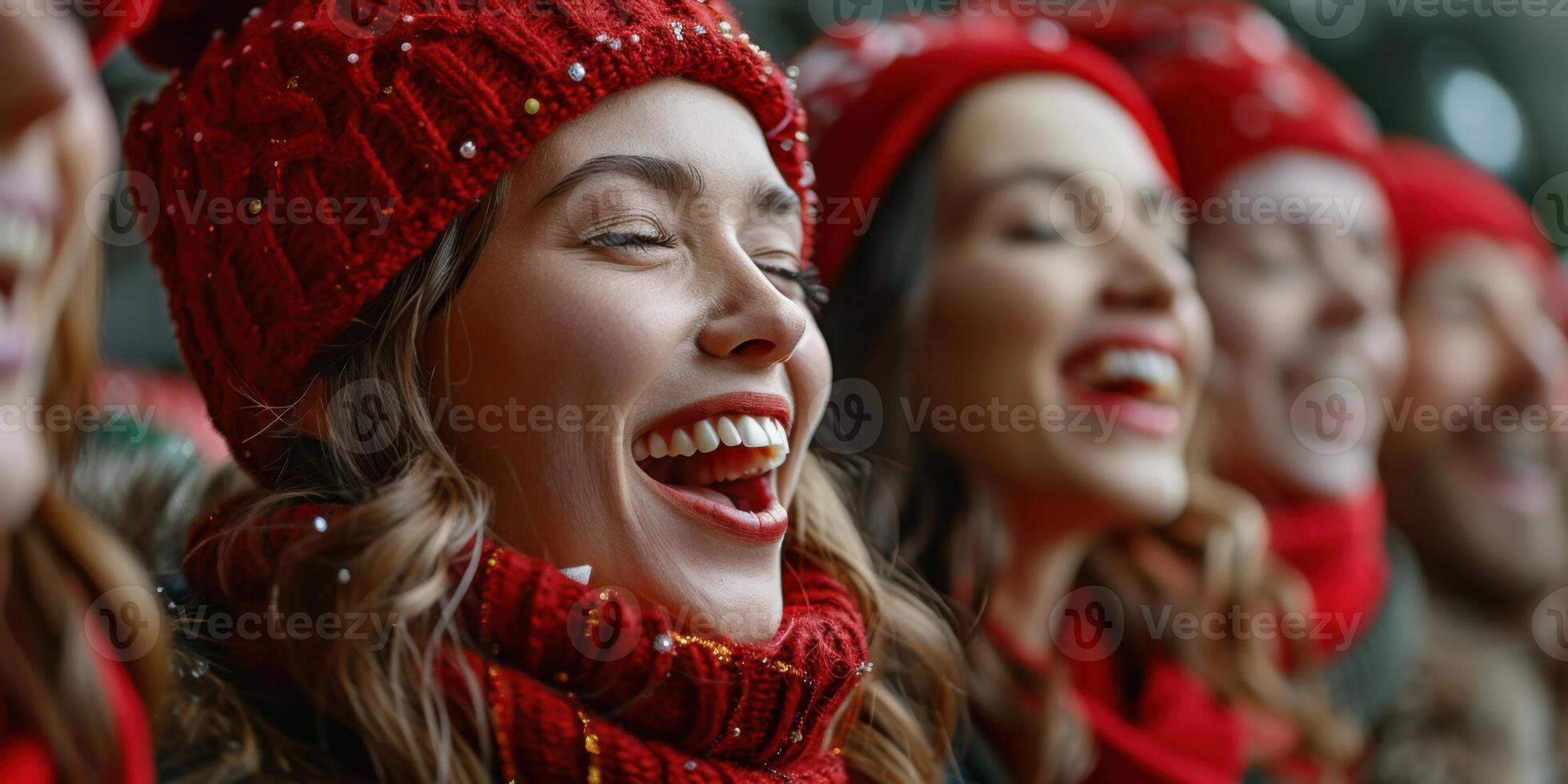 Close-up of women wearing red hats and scarves, joyfully singing Christmas carols, capturing the festive holiday spirit. photo