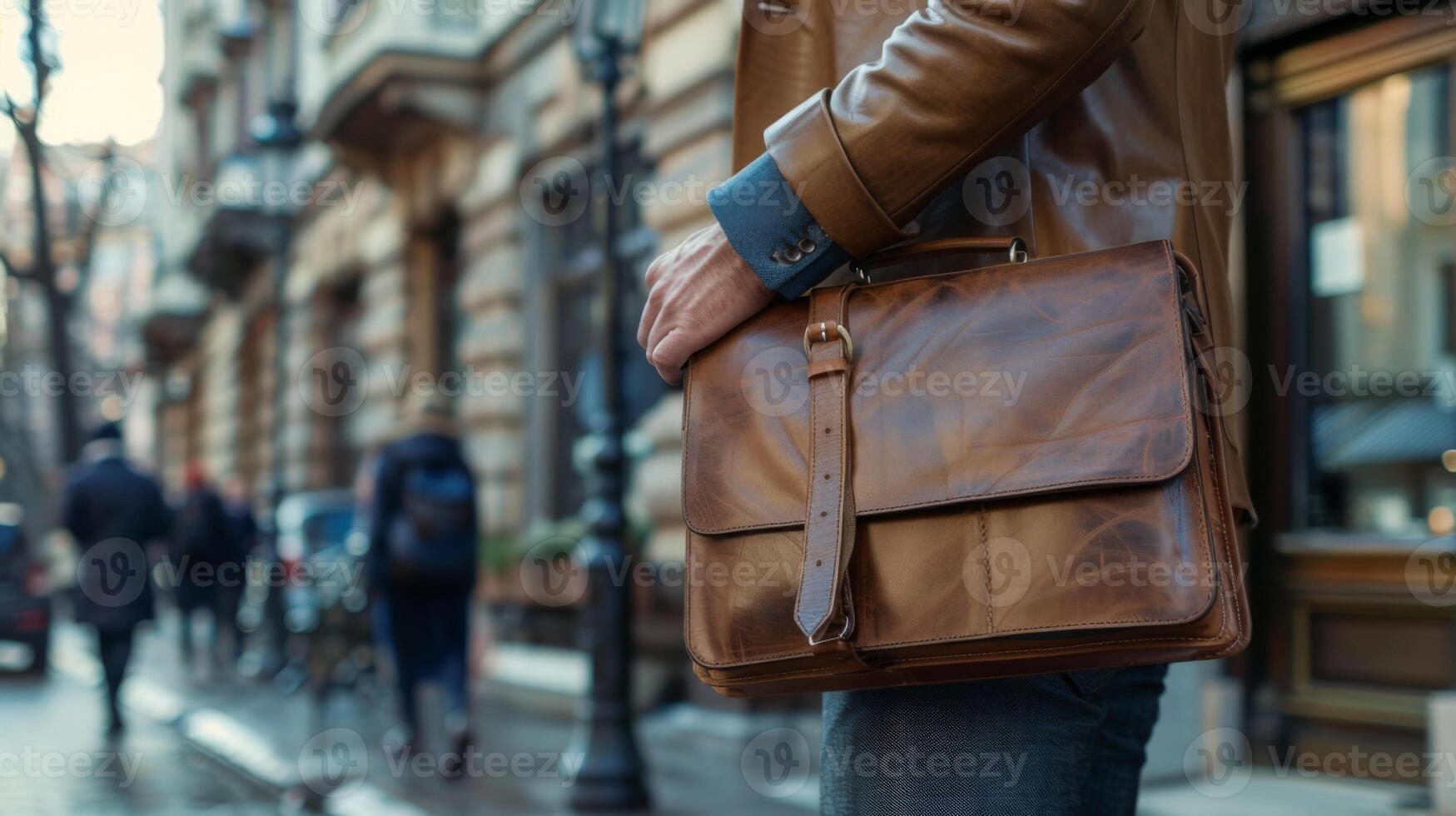 Close-up of a man holding a leather briefcase, walking in an urban setting, symbolizing business and professionalism. photo