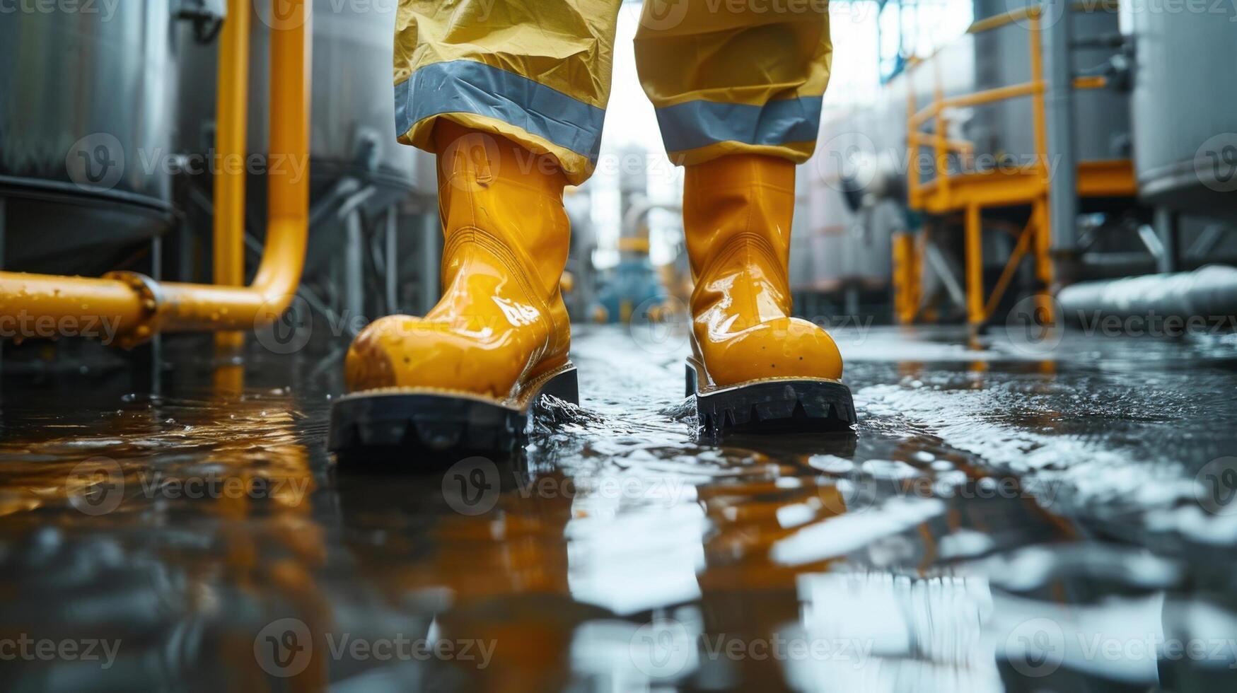 A worker wearing yellow boots standing in a flooded factory, highlighting safety gear and industrial environment. photo