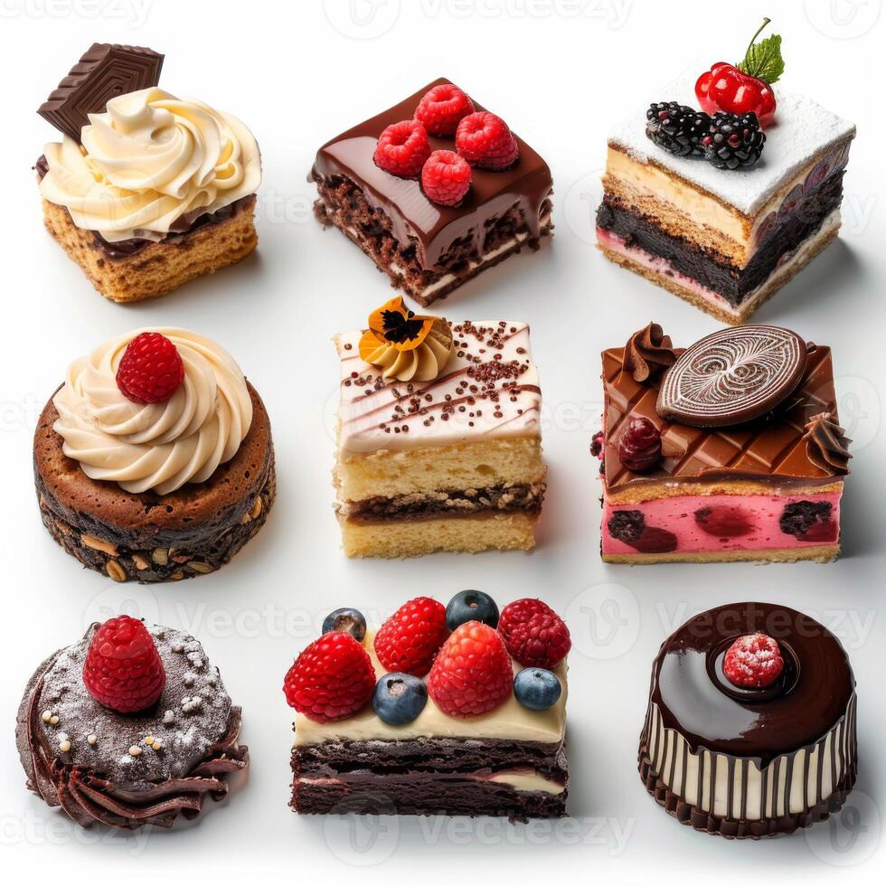 A variety of gourmet desserts, including chocolate, fruit-topped, and cream-filled pastries, arranged in a 3x3 grid on a white background. photo