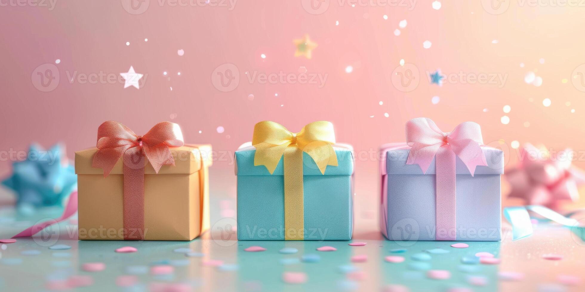 Three pastel-colored gift boxes with bows on a sparkly background, representing celebration and joy. photo