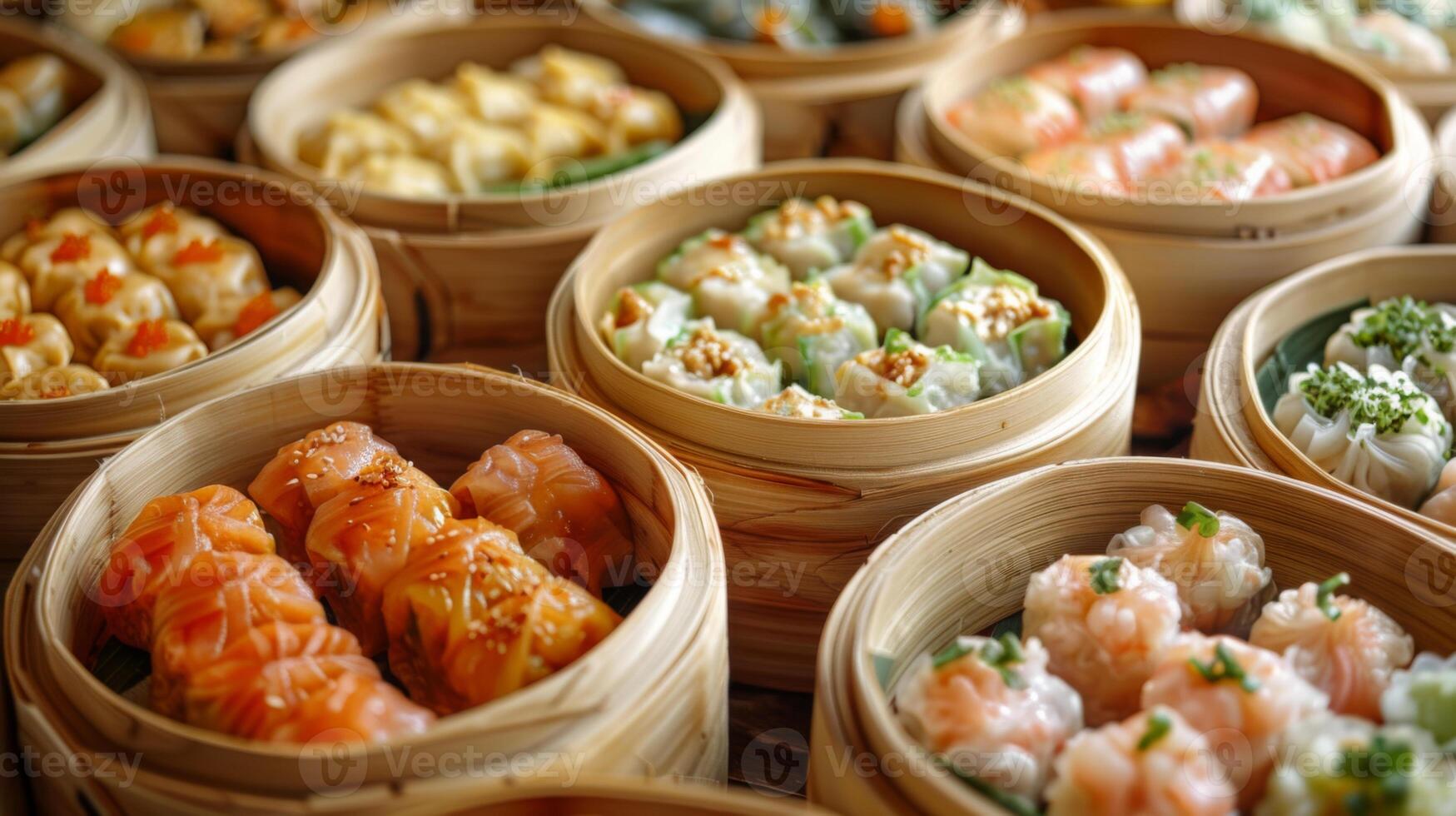 Variety of colorful dim sum served in traditional bamboo steamers, showcasing different types of dumplings and flavors. photo