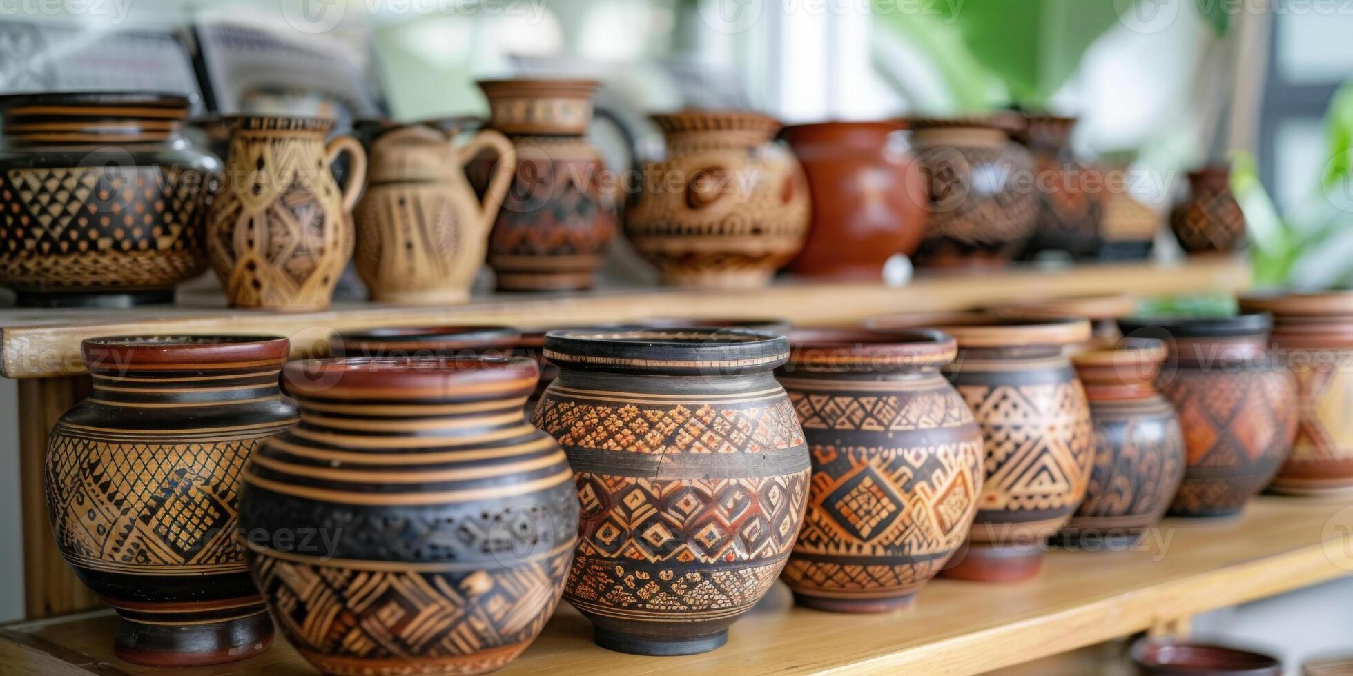 Shelf display of various handmade pottery pieces with intricate designs, showcasing craftsmanship and artistry. photo