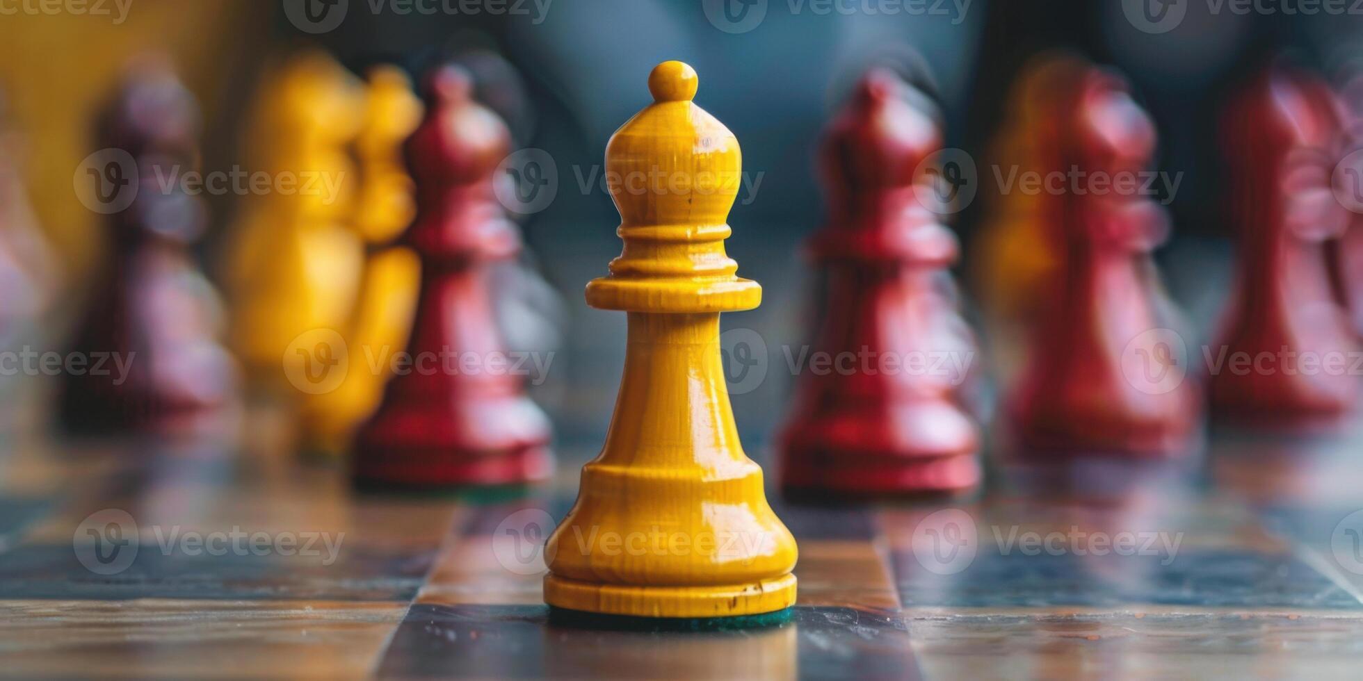 A yellow chess bishop on a chessboard, surrounded by red chess pieces, representing strategic gameplay and decision-making. photo