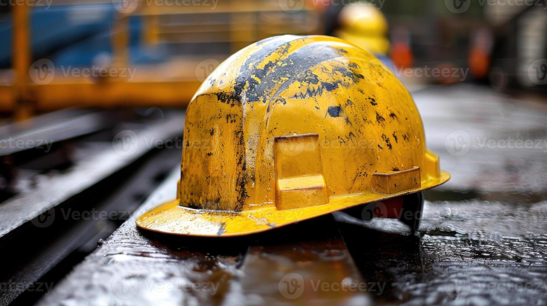 Close-up of a yellow hard hat placed on a wet surface at a construction site, reflecting rugged work conditions. photo