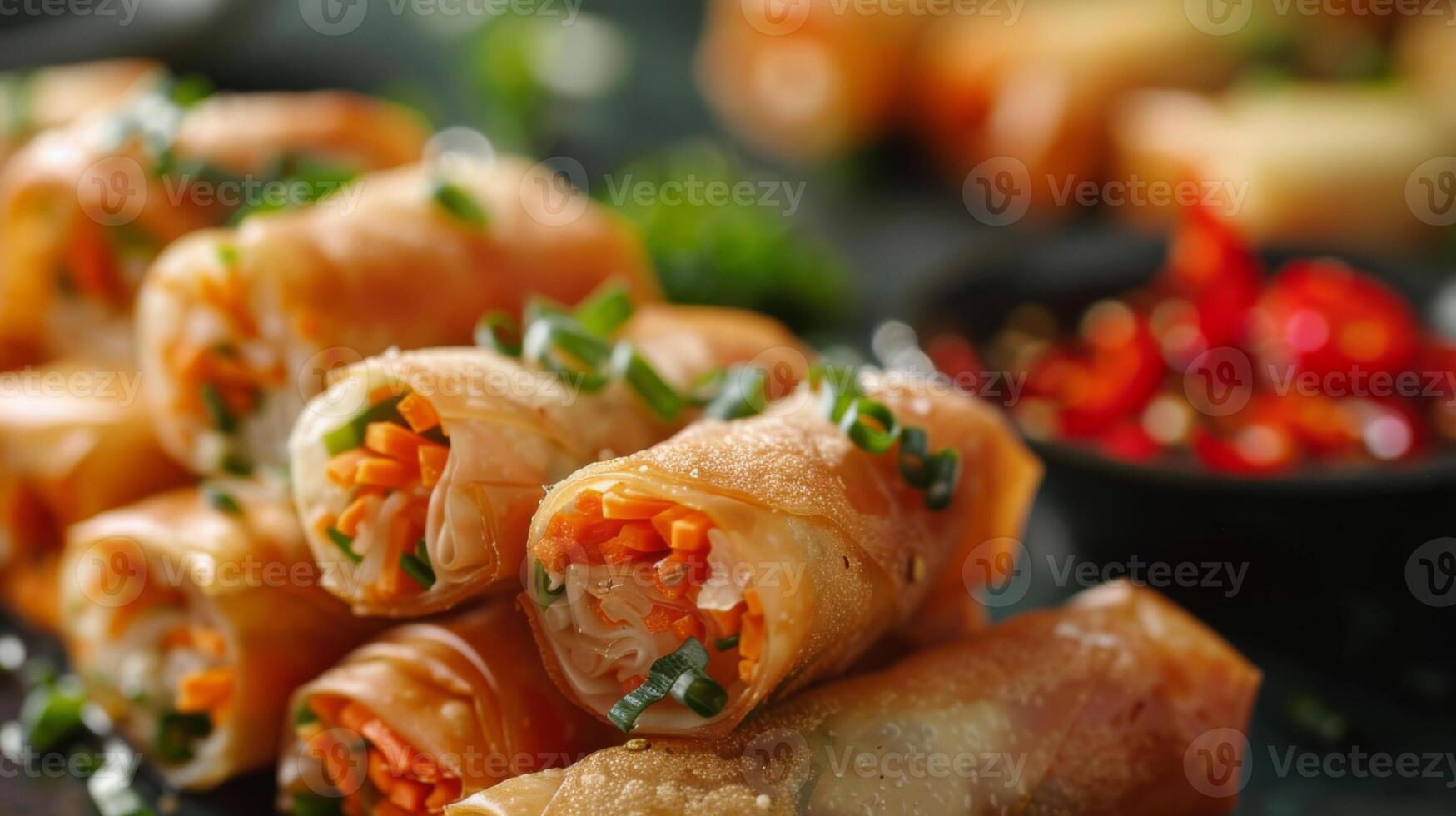 Close-up of fresh spring rolls filled with vegetables, garnished with chopped green onions, served with a side of red chili dip. photo