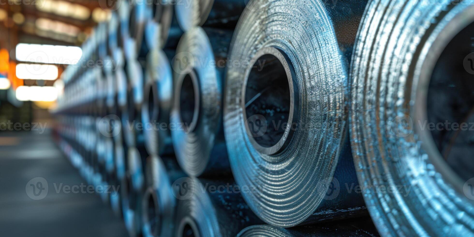 Rows of rolled aluminum sheets stored in a warehouse, highlighting the industrial production and storage of metal materials. photo