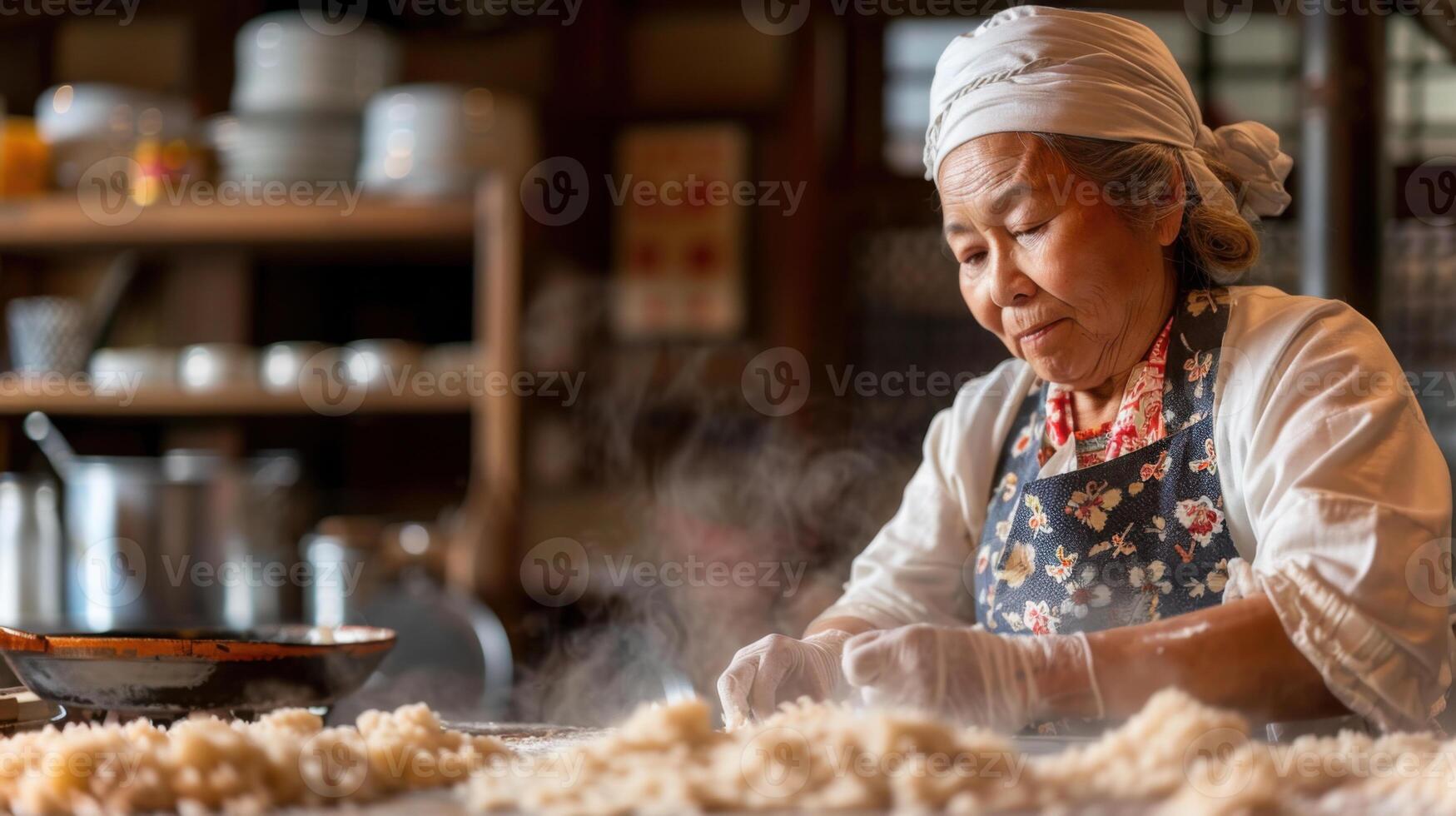 Elderly woman preparing traditional rice in a cozy kitchen, with steam rising from the rice. photo