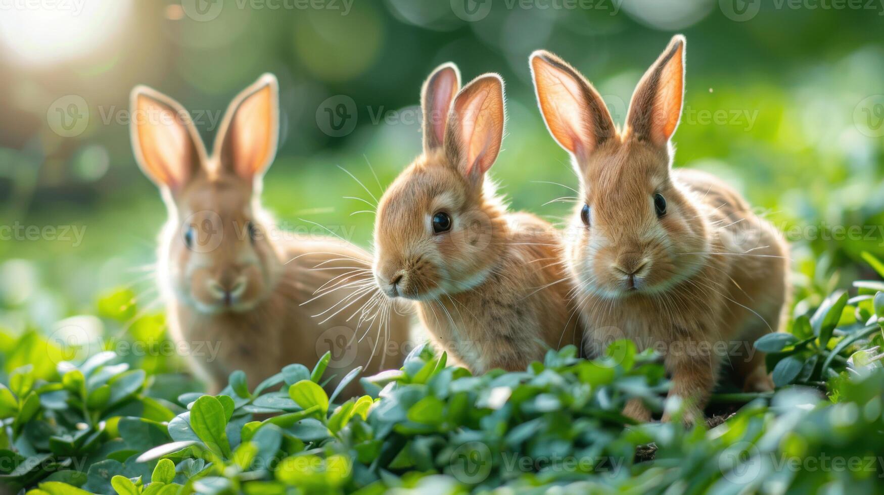 Three young brown rabbits sitting in a lush green field, bathed in sunlight, with a bokeh background. photo