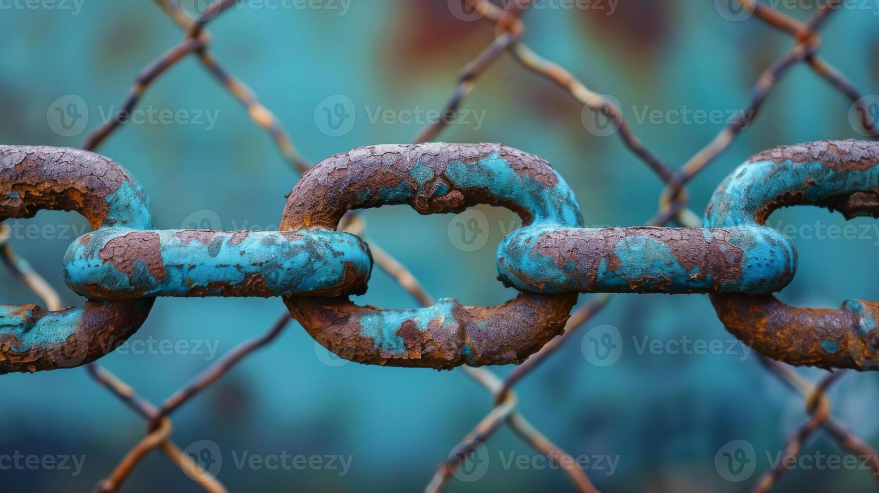 Close-up of a rusty chain link fence with a blurred background, highlighting the texture and decay of the metal. photo