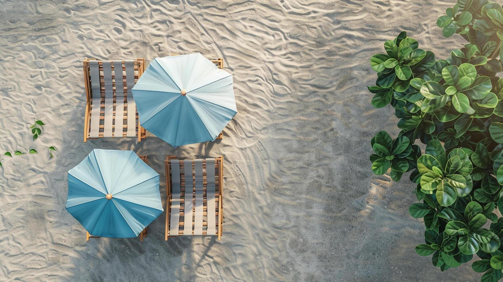 Top view of beach chairs and umbrella for summer vacation concept photo