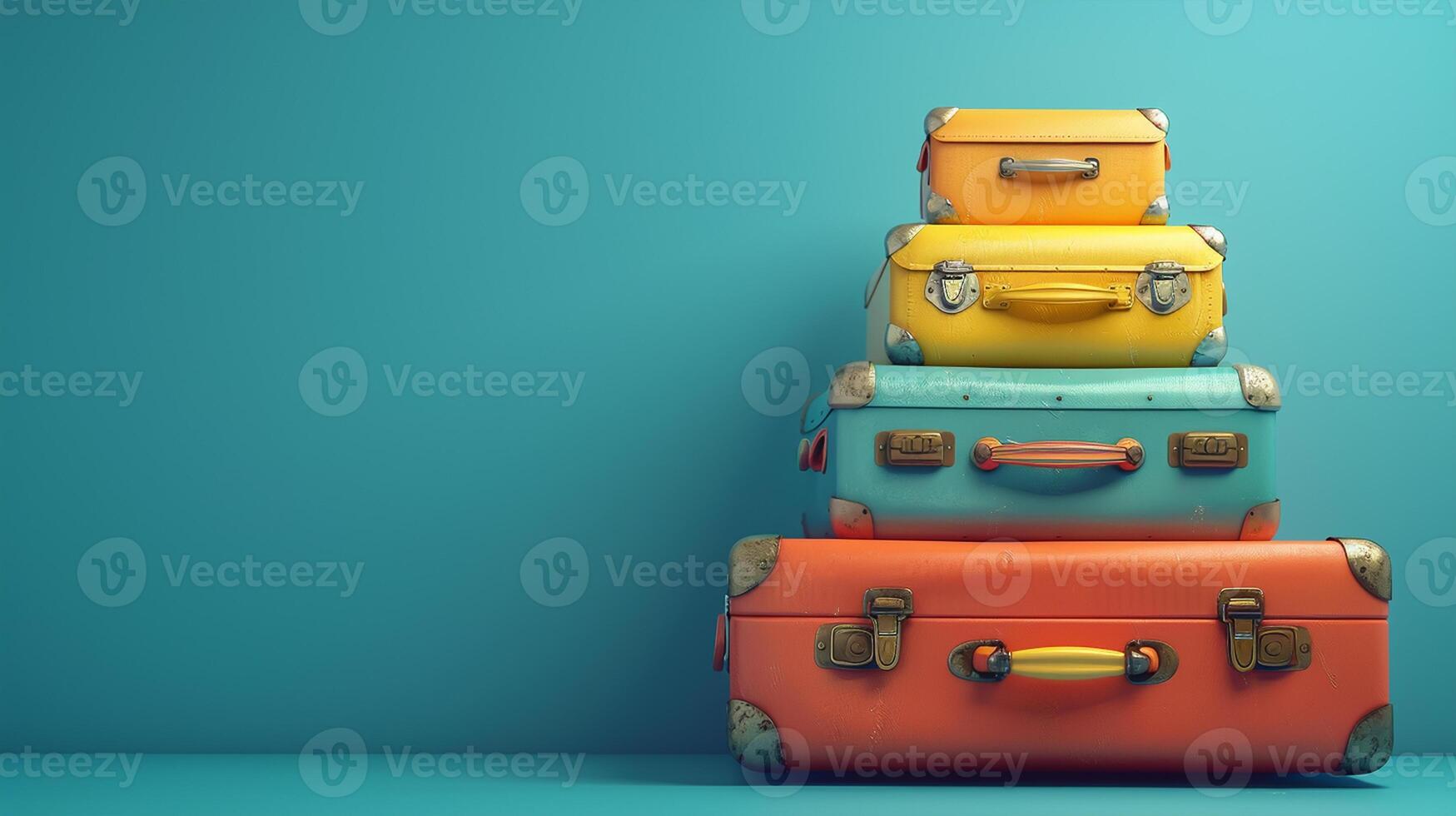 Ready for vacation. Stacked colorful suitcases against solid color background photo