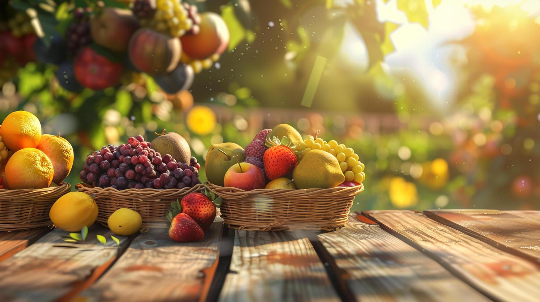 Different fruits baskets are on the wooden table for sale. farms market, fruits garden in background, evening sunlight photo
