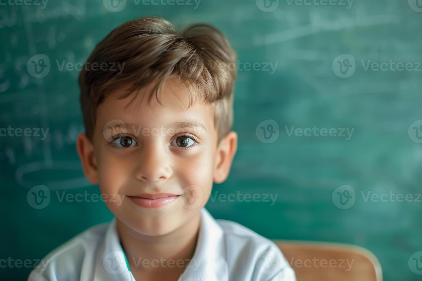Back to school. A smiling Little American boy kid wearing school uniform and seating on the class room seat, against green chalkboard. school kid photo