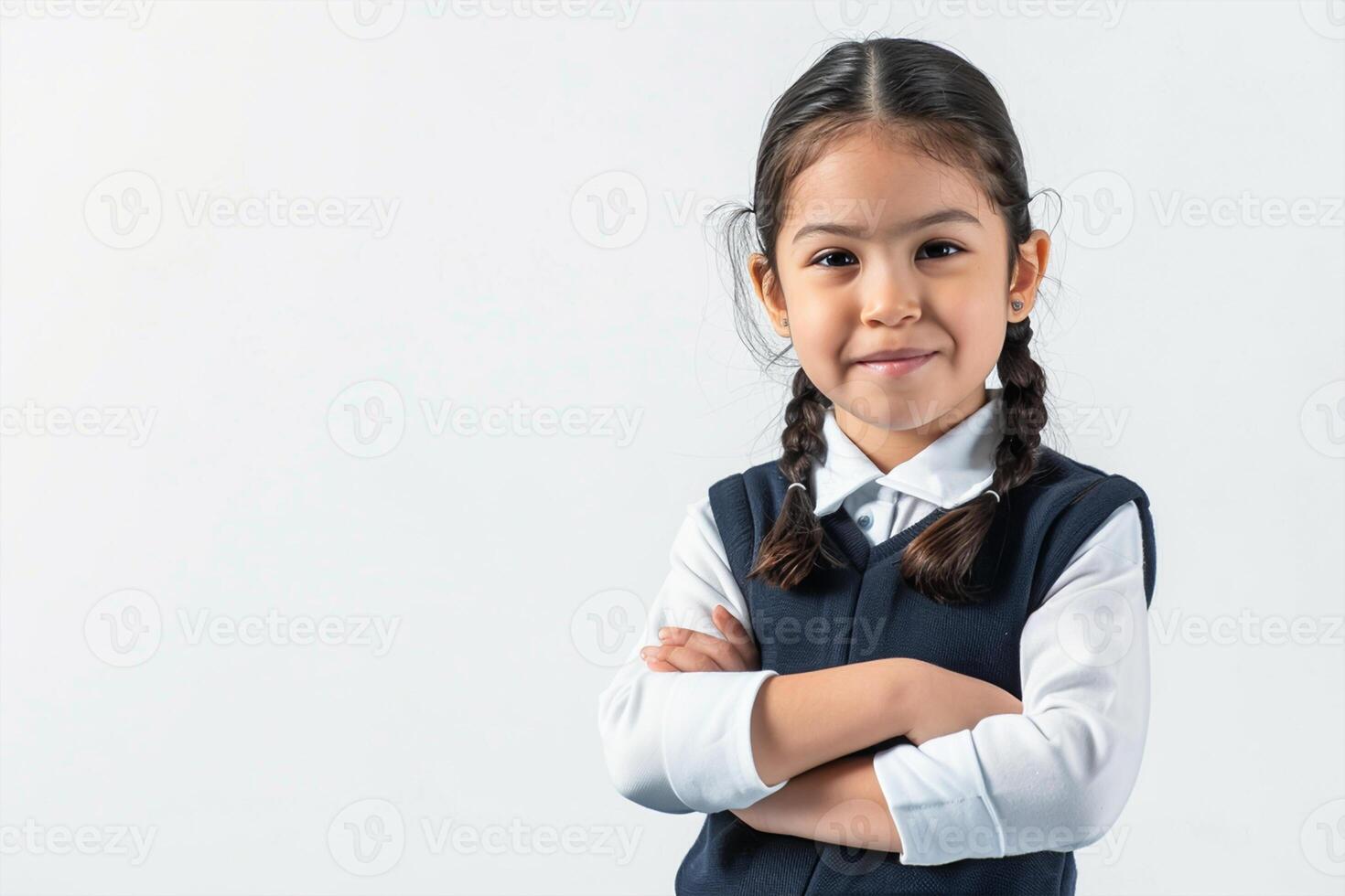 Back to school. A happy Little girl kid in a school uniform, standing with hands crossed folded against isolated white background. school kid photo