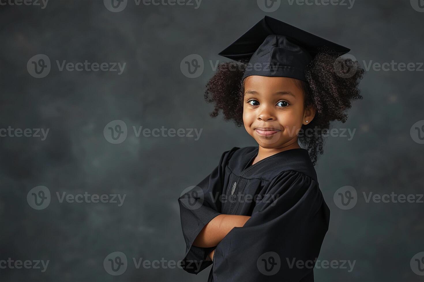 Back to school. A Little gilr kid in a graduate passed suite, standing with hands crossed folded on dark background. school kid photo