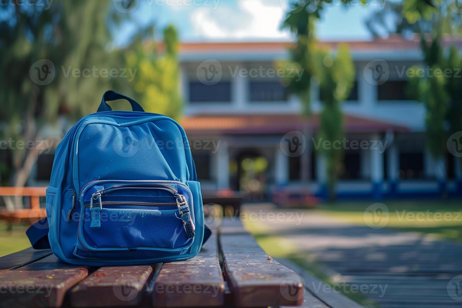 Welcome back to school A school bag on wooden table and school building in background photo