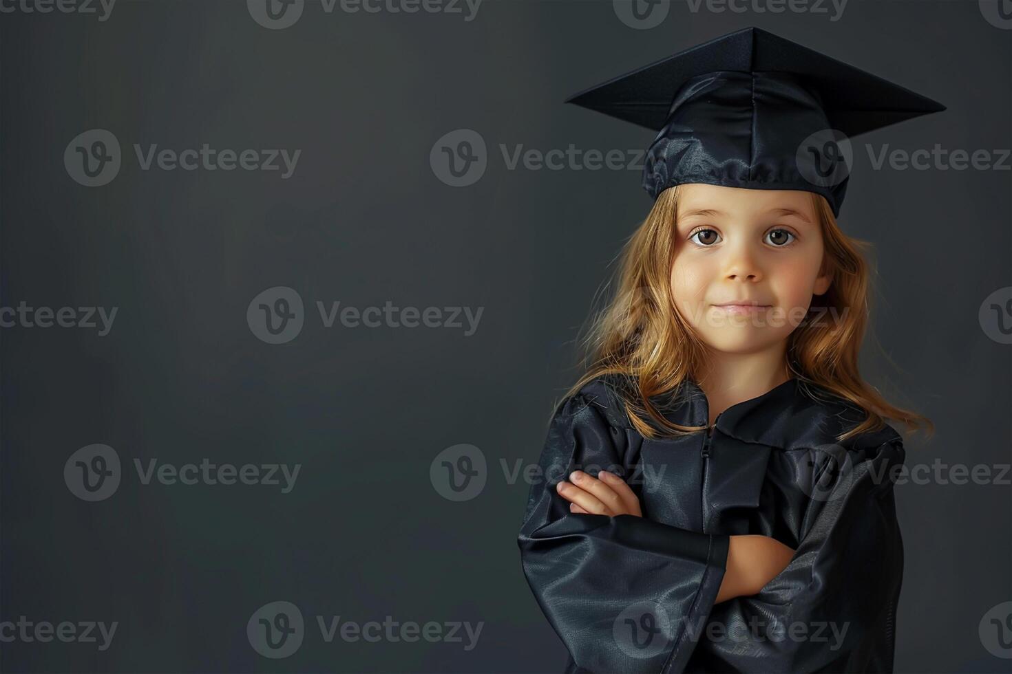 Back to school. A Little gilr kid in a graduate passed suite, standing with hands crossed folded on dark background. school kid photo