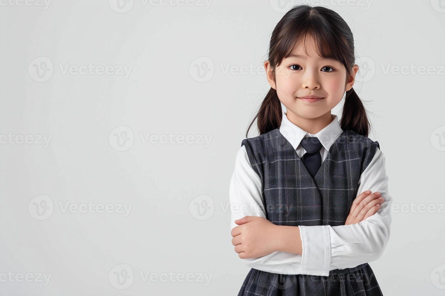 Back to school. A happy Little girl kid in a school uniform, standing with hands crossed folded against isolated white background. school kid photo