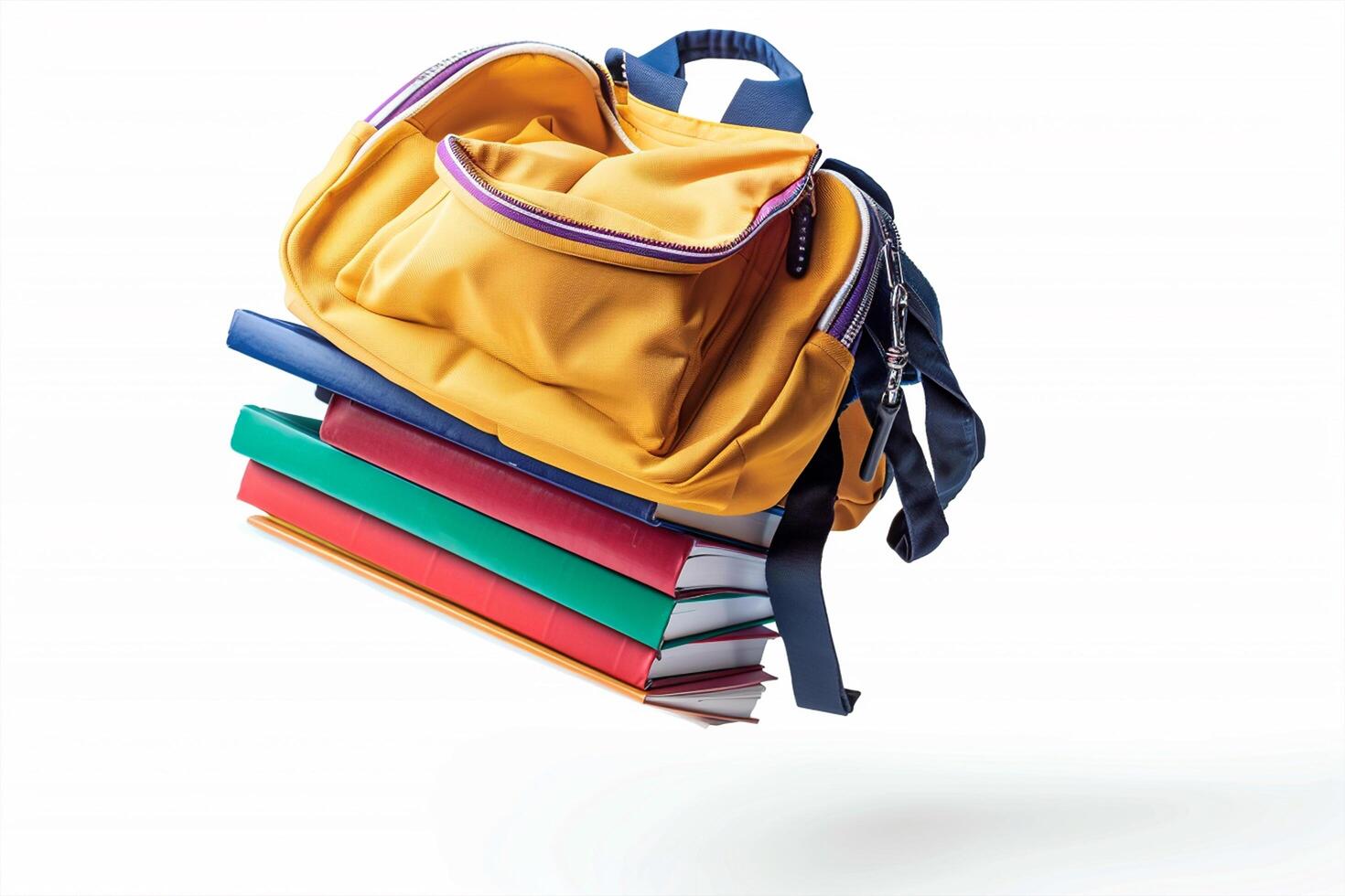 A close-up school bag flying with books, isolated white background Back to school concept photo