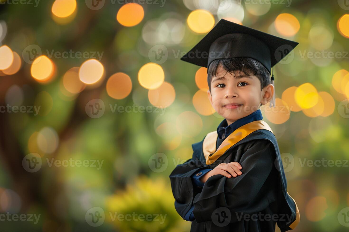 Back to school. A happy Little boy kid in a graduate passed suite, standing with hands crossed folded against blurred background. school kid photo
