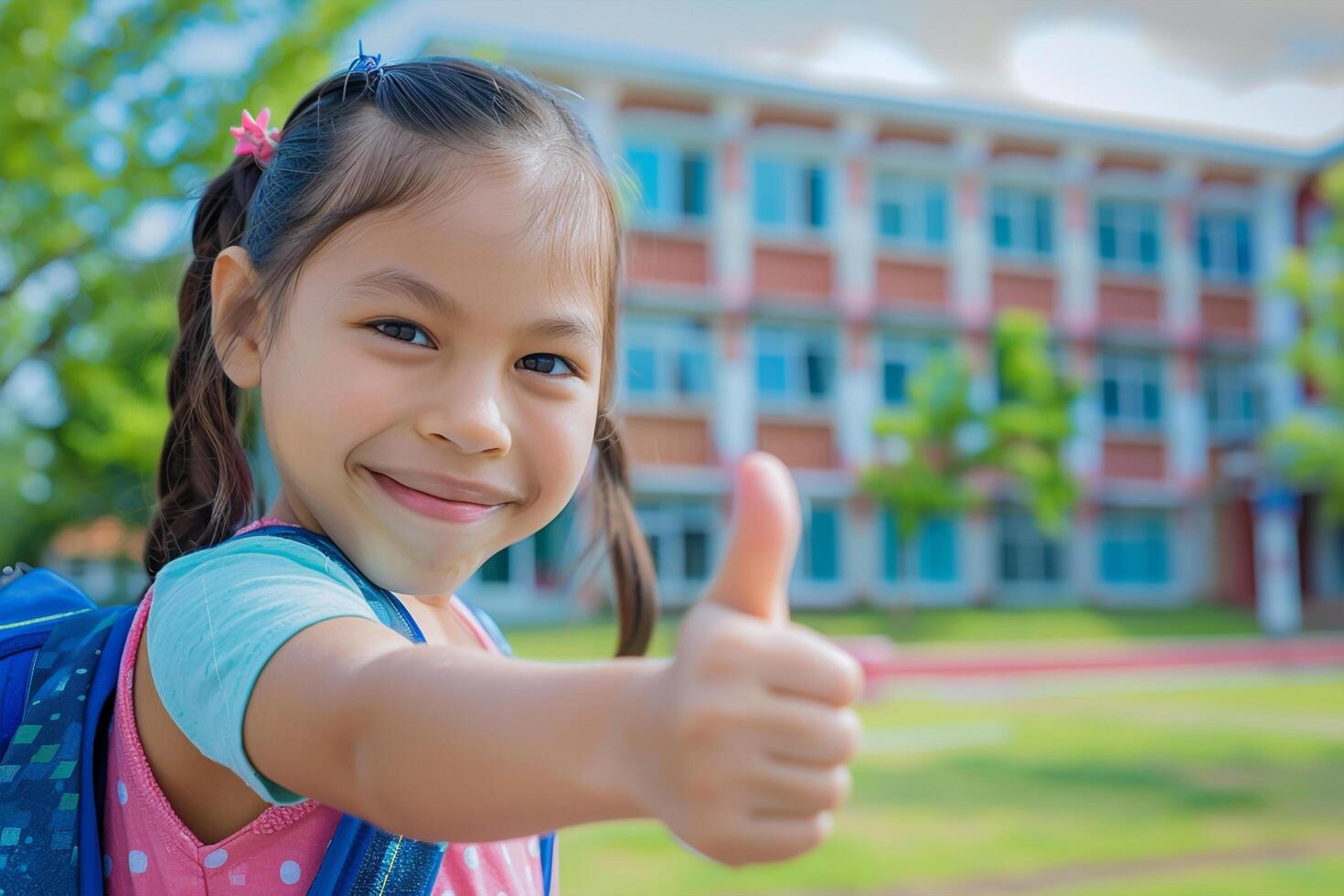 Welcome back to school A cute happy and smiling Little girl kid thumbs up and soft blurry school building in background photo