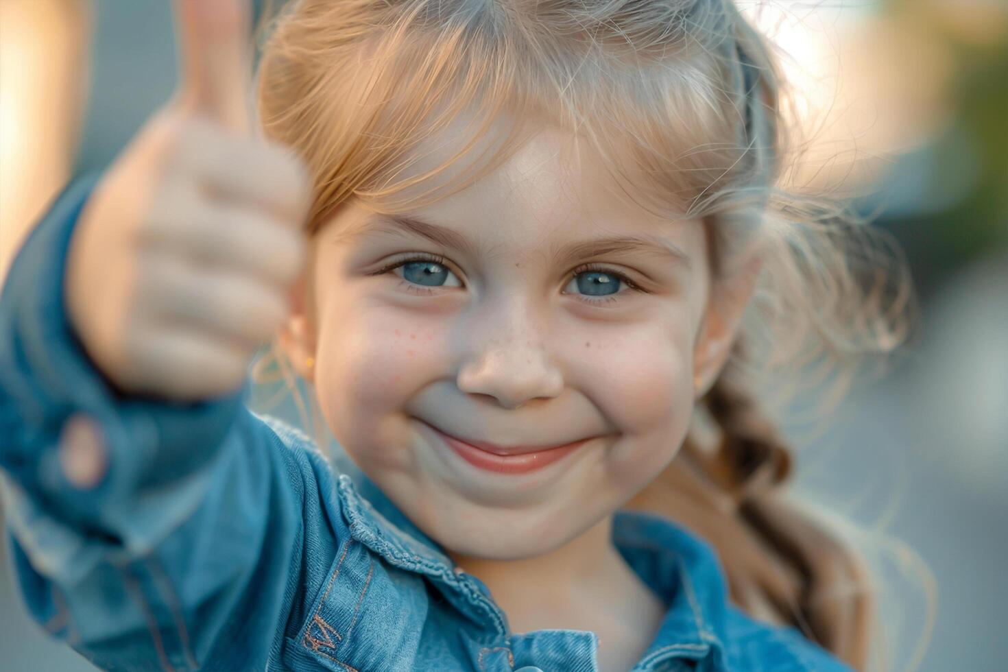Welcome back to school A cute happy Little girl kid thumbs up and soft blurry school class room in background photo