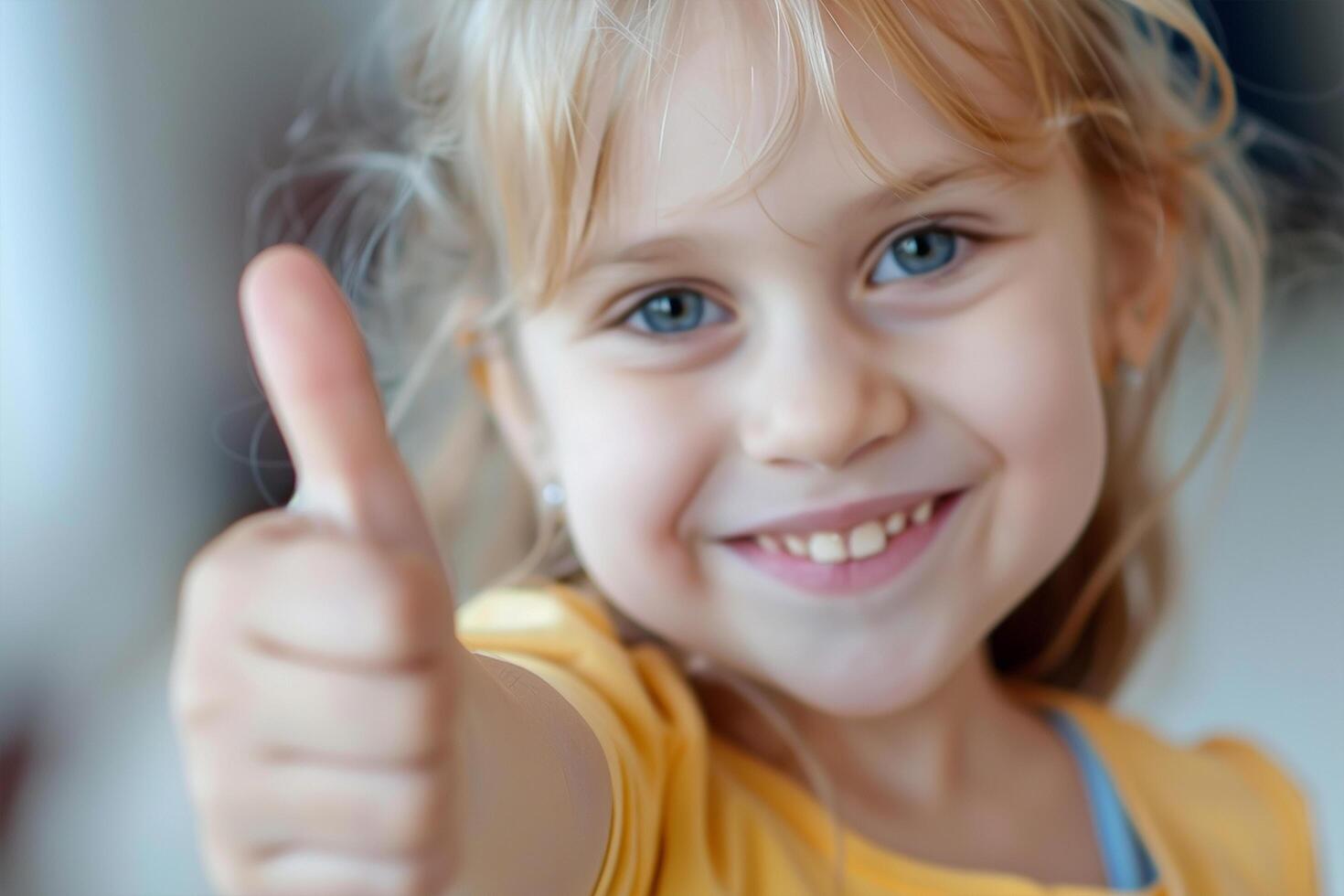 Welcome back to school A cute happy Little girl kid thumbs up and soft blurry school class room in background photo