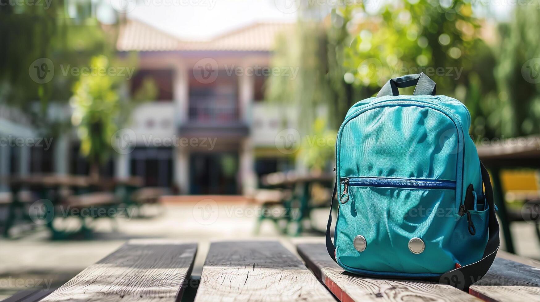 Welcome back to school A school bag on wooden table and school building in background photo