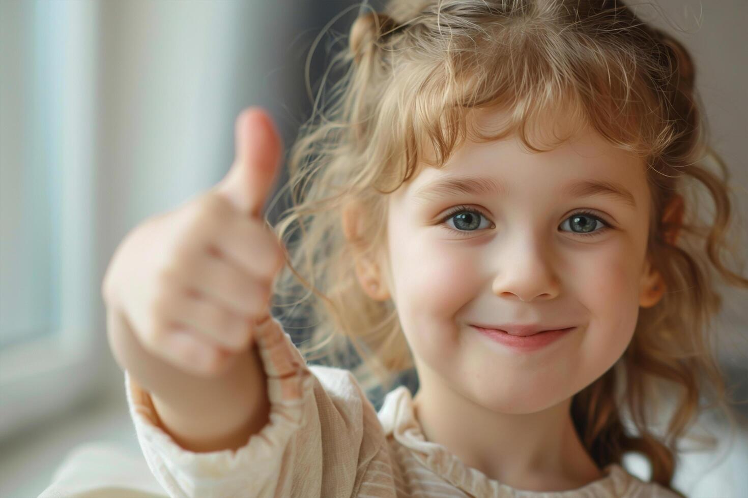 Welcome back to school A cute happy Little girl kid thumbs up and soft blurry school class room in background photo