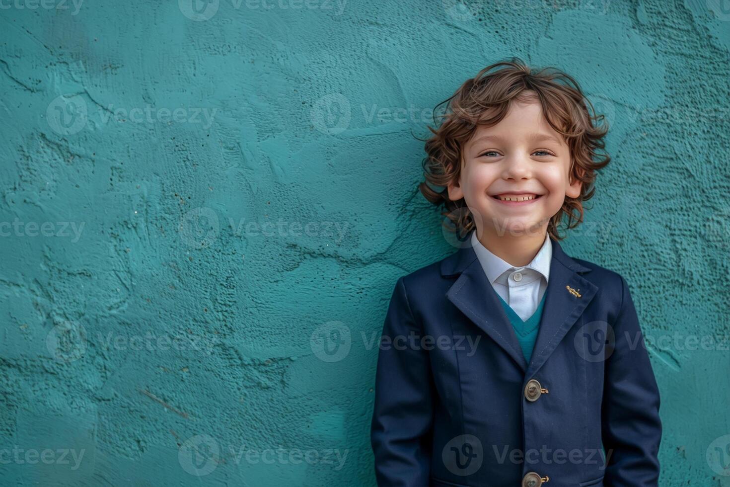 Welcome back to school Cheerful Little Smiling Boy Against Green Background. photo