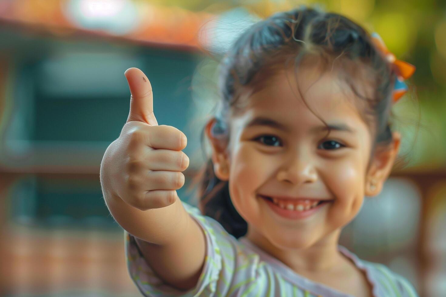 Welcome back to school A cute happy Little girl kid thumbs up and soft blurry school class room in background photo