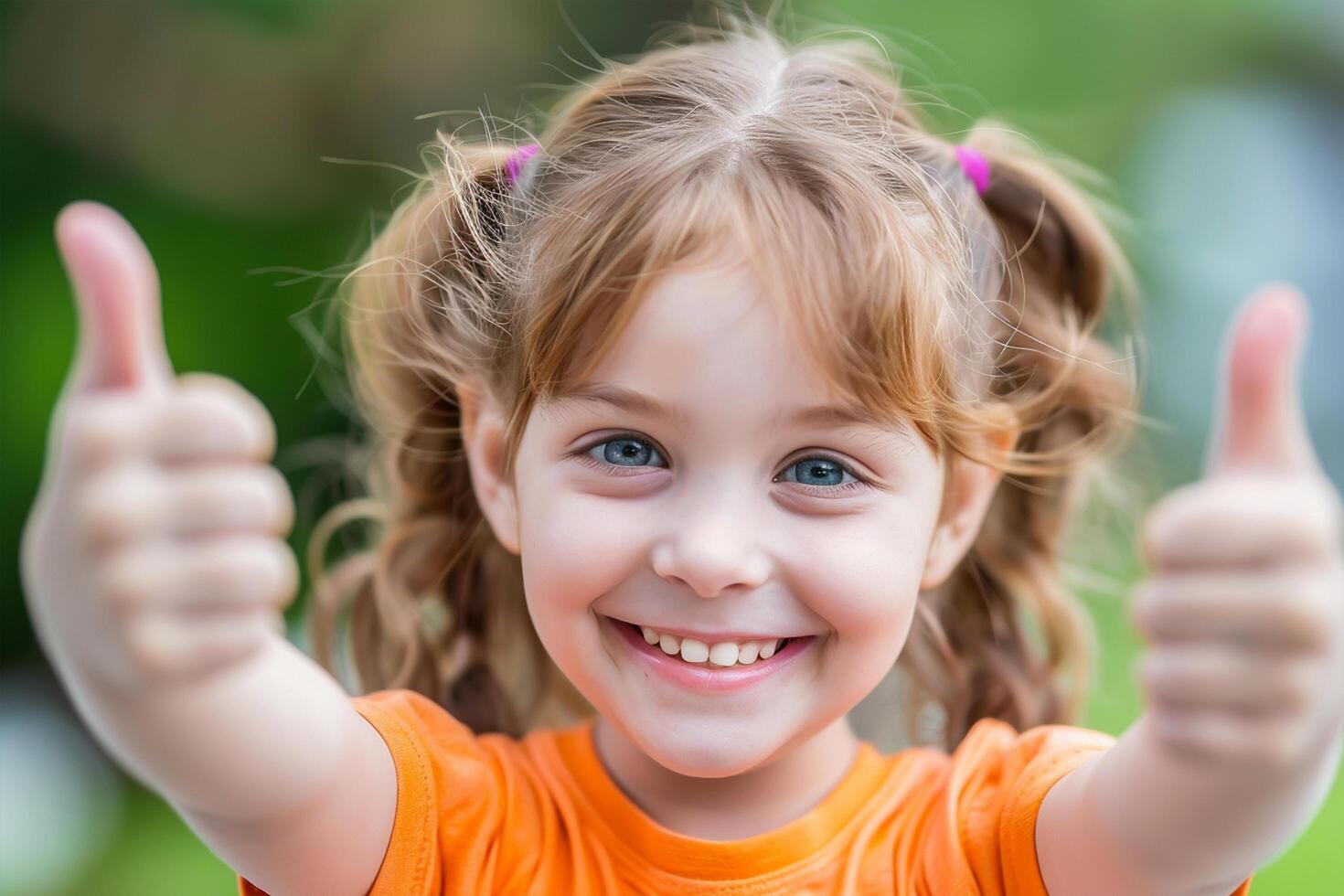 Welcome back to school A cute happy Little girl kid thumbs up and soft blurry school class room in background photo