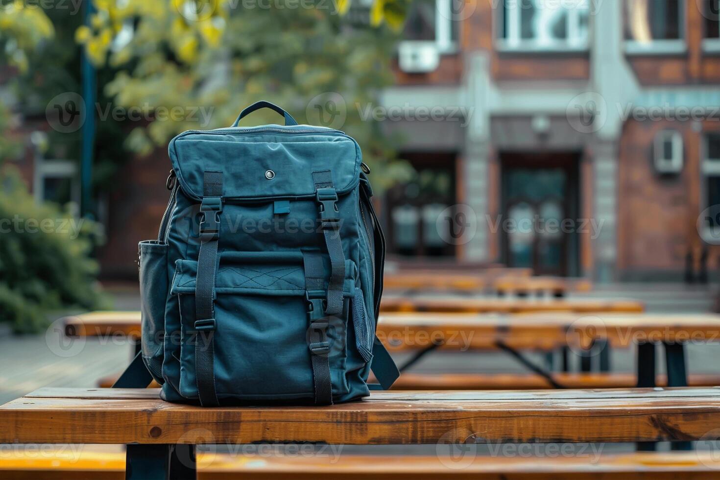 Welcome back to school A school bag on wooden table and school building in background photo