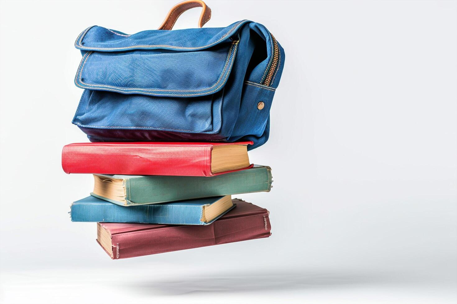 A close-up school bag flying with books, isolated white background Back to school concept photo