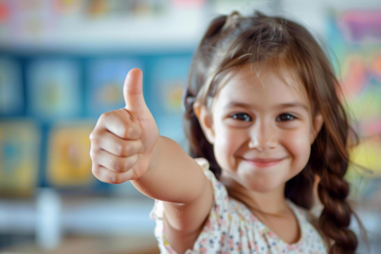 Welcome back to school A cute happy Little girl kid thumbs up and soft blurry school class room in background photo