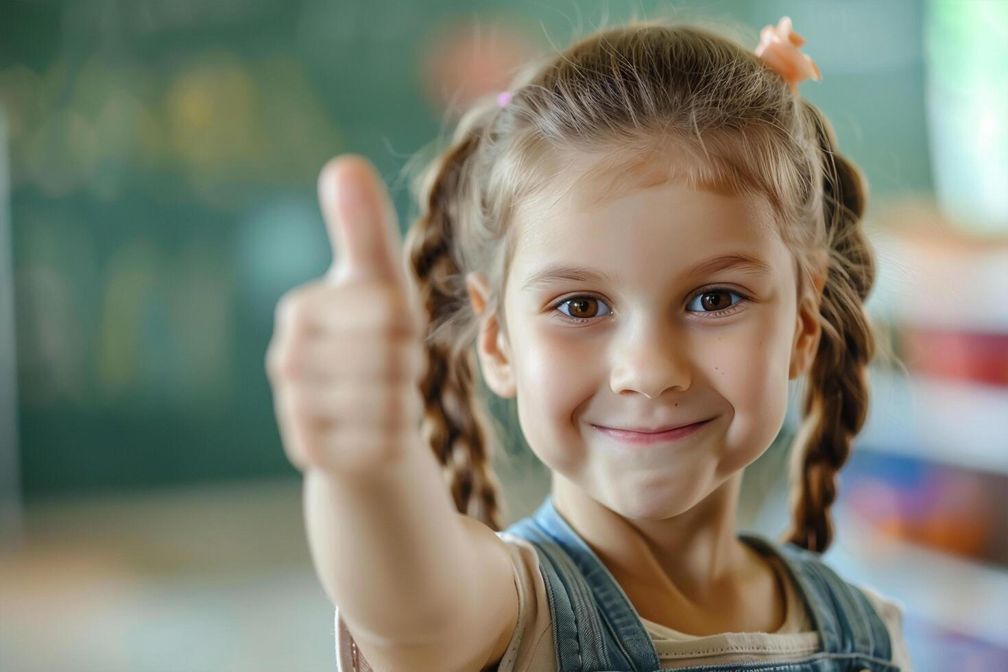 Welcome back to school A cute happy Little girl kid thumbs up and soft blurry school class room in background photo