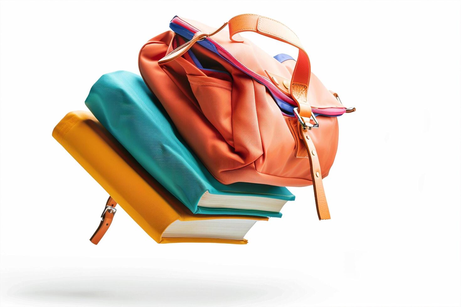 A close-up school bag flying with books, isolated white background Back to school concept photo
