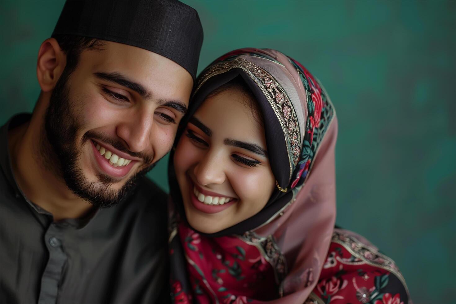 A young attractive hearty smile arab couple wearing while dress against isolated green color background photo