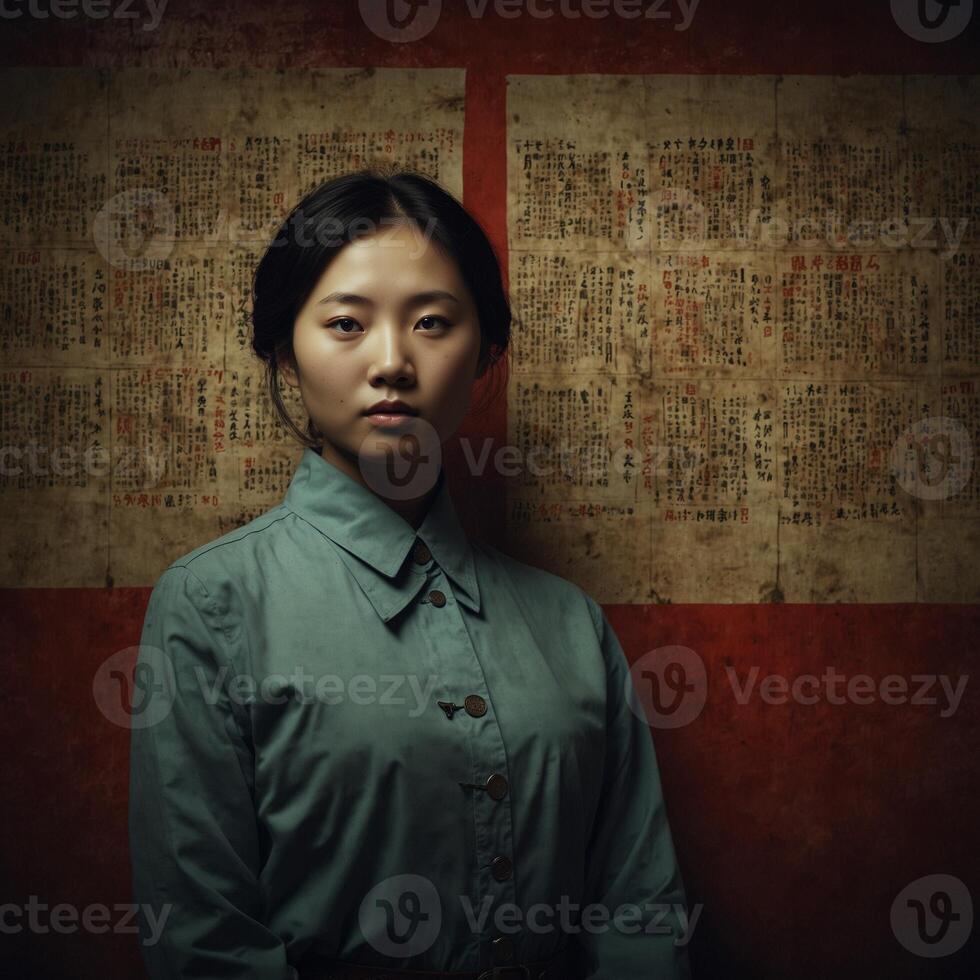 A young Asian woman standing against a backdrop of aged, parchment in Chinese script. photo